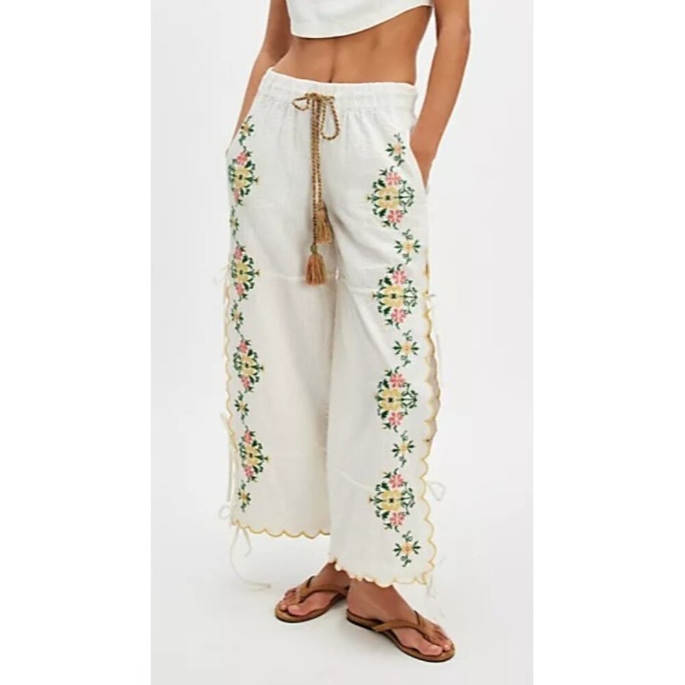 Free People Cream Wide-Leg Embroidered Pants with Tassel Tie